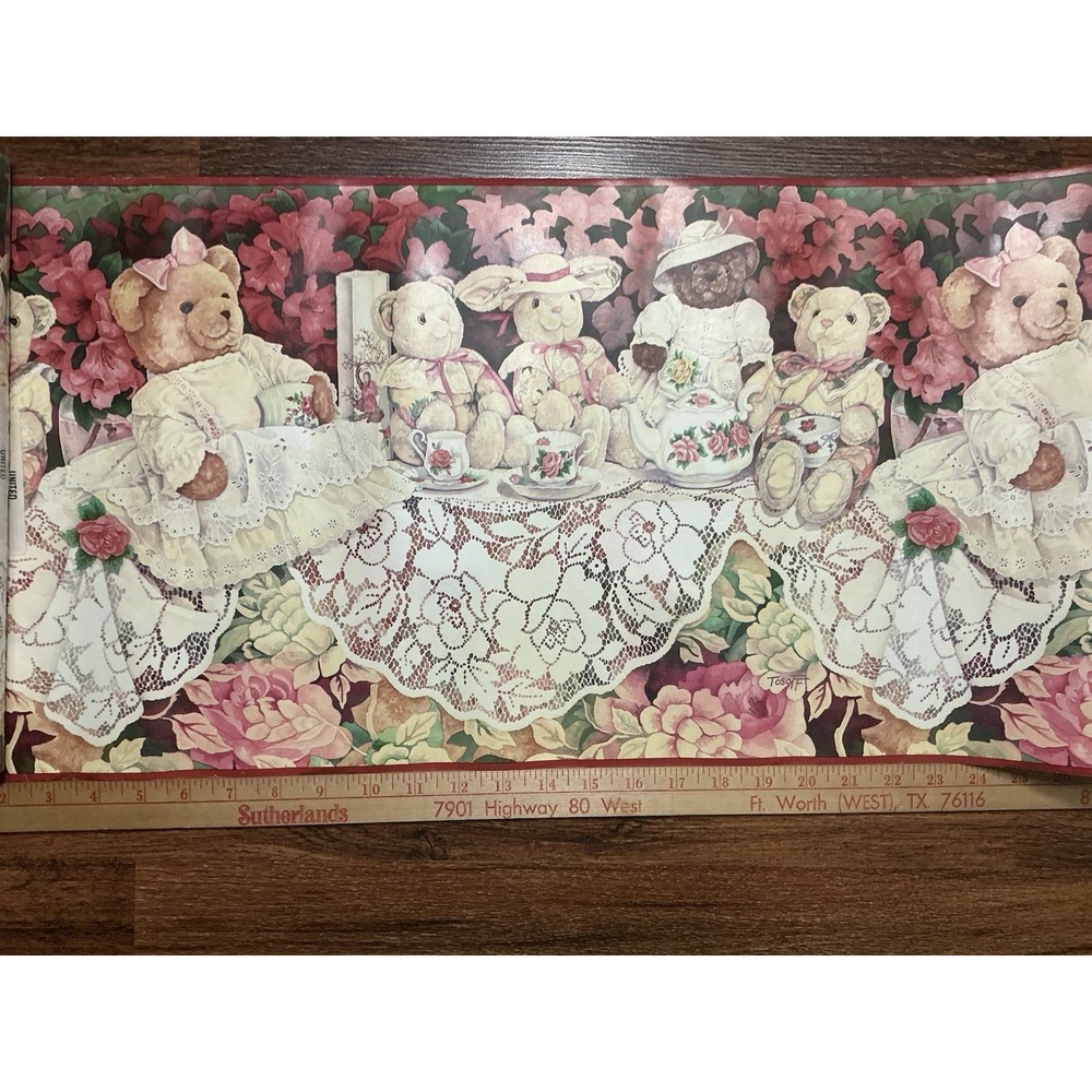 2PC 1996 Wendy Tosoff Designs VICTORIAN TEA PARTY Wall Border 5yds BEARS/BUNNIES